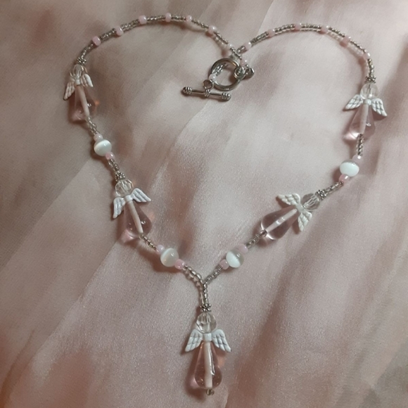 Handmade CRYSTAL ANGEL NECKLACE PINKS & SILVERTONES - Picture 3 of 6